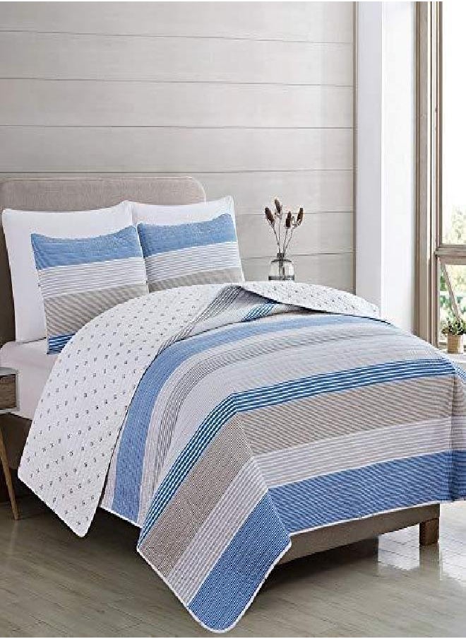 Great Bay Home 3-Piece King Reversible Lightweight Quilt Comforter with 2 Shams | All-Season, Modern, Striped Bedspreads | Grey Striped Coverlet Sets | Madelina Quilts Collection