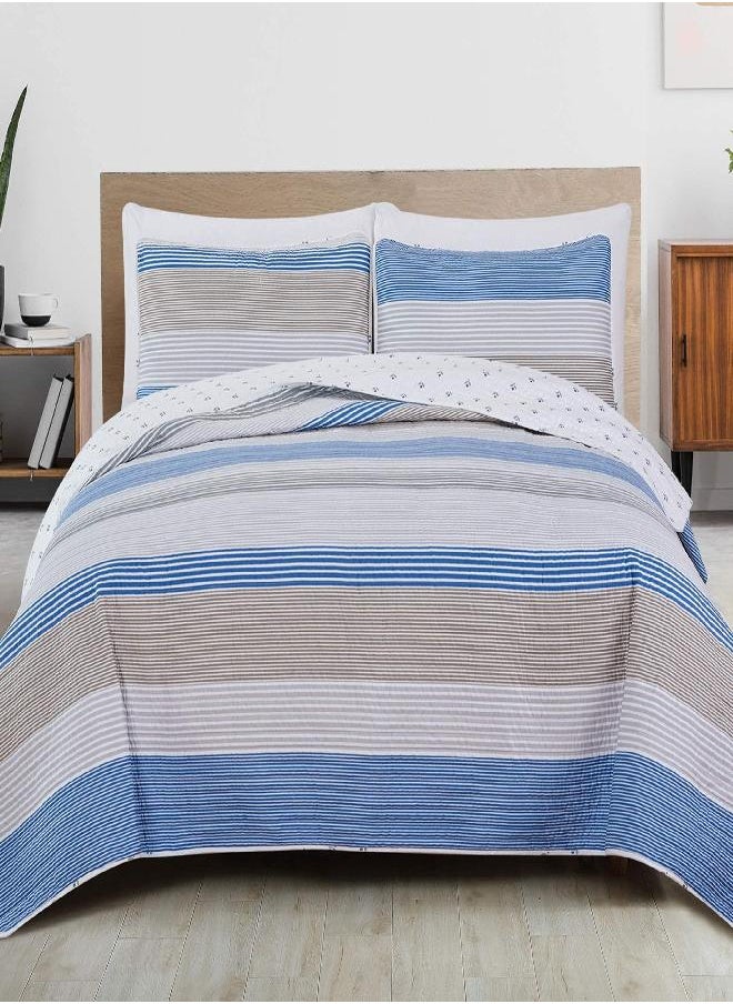 Great Bay Home 3-Piece King Reversible Lightweight Quilt Comforter with 2 Shams | All-Season, Modern, Striped Bedspreads | Grey Striped Coverlet Sets | Madelina Quilts Collection