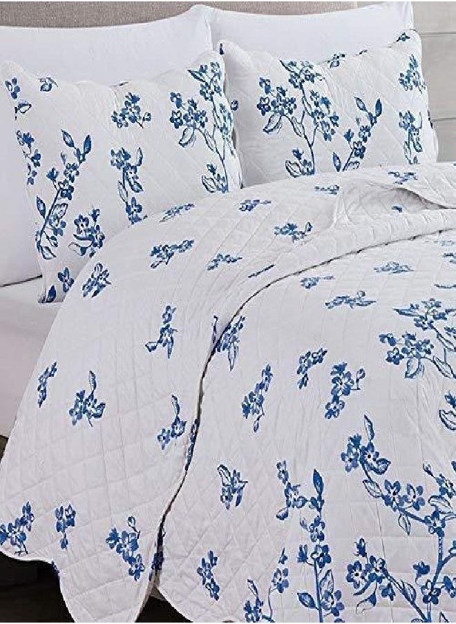 Great Bay Home 2-Piece Twin Reversible Lightweight Quilt Comforter with 1 Sham | All-Season, Microfiber, Floral Bedspreads | Modern Blue Flower Coverlet Sets | Raelynn Quilts Collection