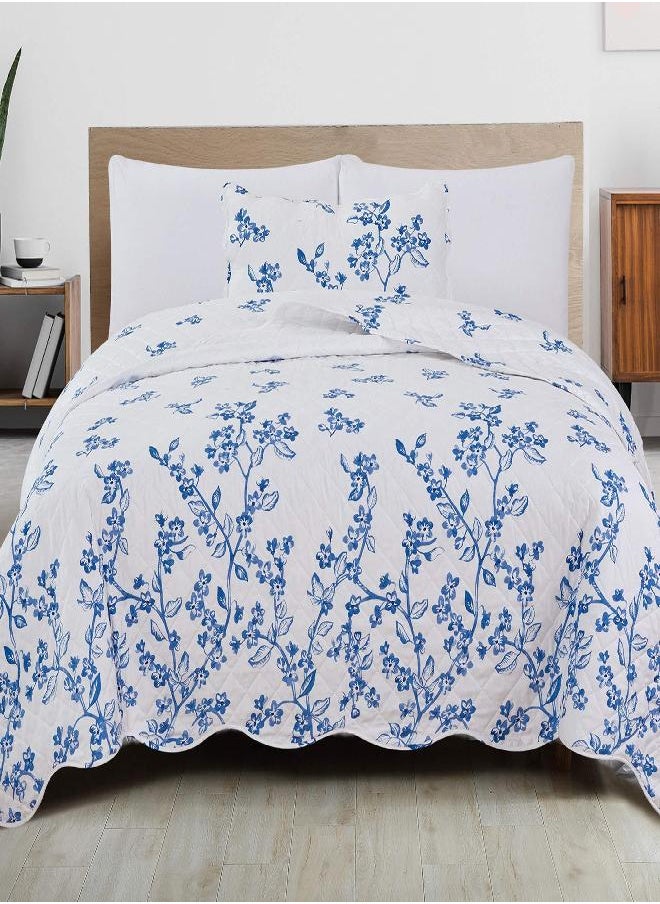 Great Bay Home 2-Piece Twin Reversible Lightweight Quilt Comforter with 1 Sham | All-Season, Microfiber, Floral Bedspreads | Modern Blue Flower Coverlet Sets | Raelynn Quilts Collection