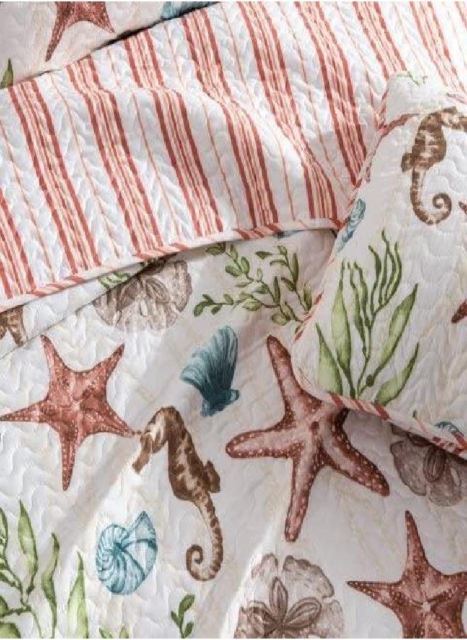 Great Bay Home 3-Piece King Reversible Lightweight Nautical Quilt Comforter with 2 Shams | All-Season, Coral, Beach Bedspreads | Coastal Coverlet Sets | Castaway Quilts Collection