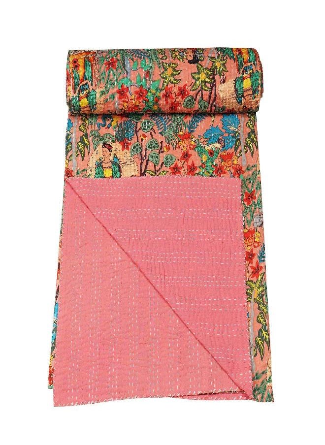 Marubhumi Indian Traditional Farida Design Pure Cotton Kantha Quilt Indian Cotton Bedding Bedspread (Peach, Twin (60