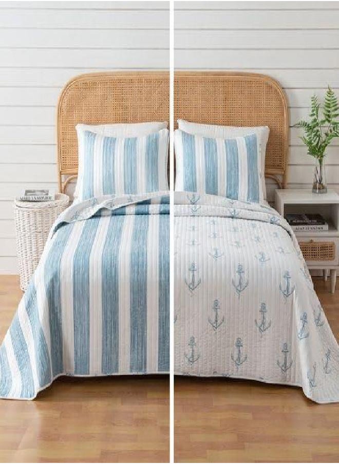 Great Bay Home 2-Piece Twin Reversible Lightweight Nautical Quilt Comforter with 1 Sham | All-Season, Beach Bedspreads | Blue Coastal Coverlet Sets | Casco Bay Quilts Collection