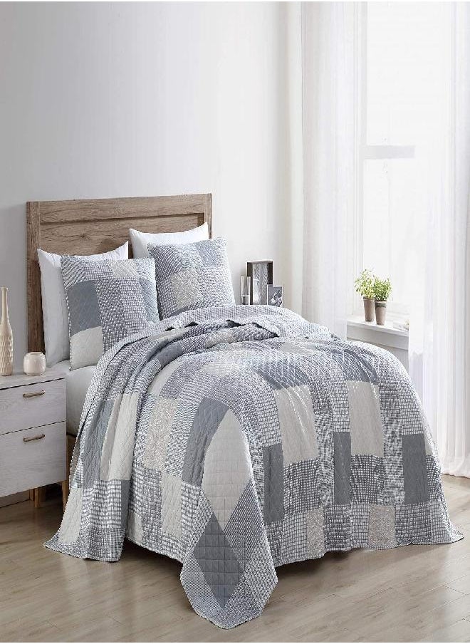 Chezmoi Collection Anderson 3-Piece Printed Patchwork Quilt Set - Plaid Checkered Stripe Coverlet - Pre-Washed Microfiber Lightweight Reversible Bedspread, Queen Size