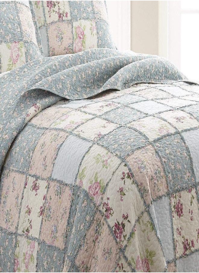 Chezmoi Collection Abbi 3-Piece Shabby Chic Bedding Queen Quilt Set Pre-Washed Cotton Floral Coverlet Bedspread Ruffled Patchwork Quilt Queen Size