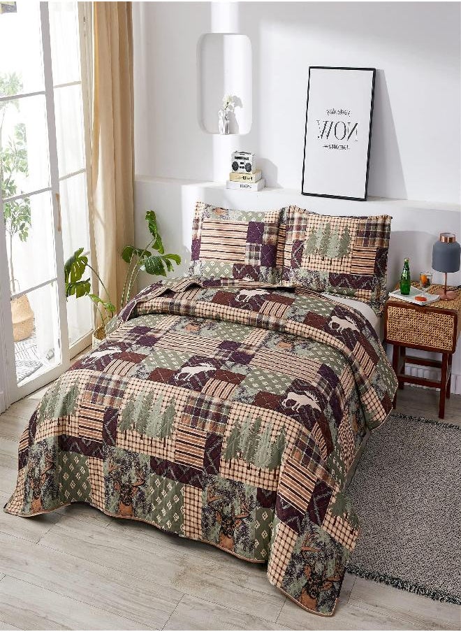 3-Piece Moose Pine Tree Reversible Quilt Set, Checked Color Stripe Rustic Home Lodge The Wilds Quilted Bedspread Coverlet Bedding Set, Lightweight Breathable for All Season (Full/Queen, White Deer)