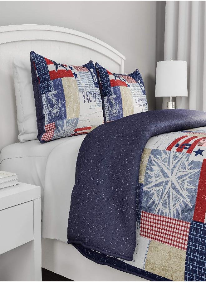 3-Piece Quilt Set - Nautical Americana Patchwork Print All-Season Soft Microfiber Bedspread with Shams - Bedding by LHC (Full/Queen)
