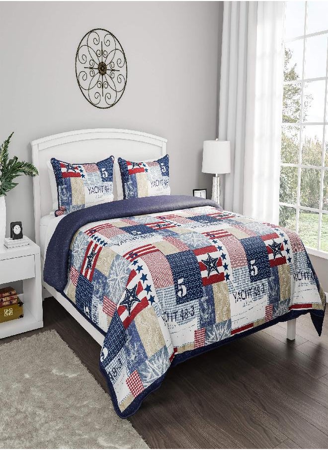 3-Piece Quilt Set - Nautical Americana Patchwork Print All-Season Soft Microfiber Bedspread with Shams - Bedding by LHC (Full/Queen)