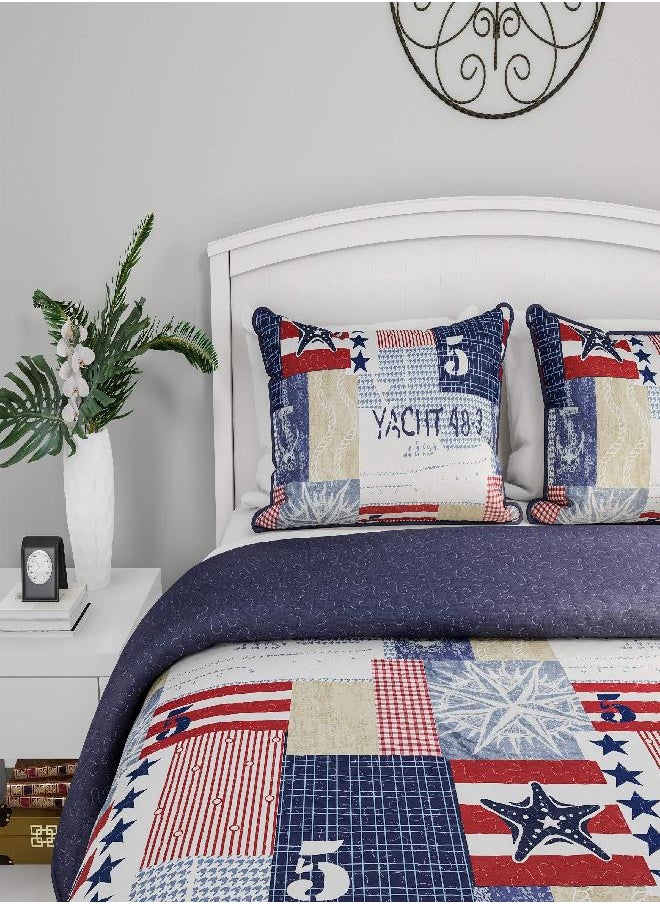 3-Piece Quilt Set - Nautical Americana Patchwork Print All-Season Soft Microfiber Bedspread with Shams - Bedding by LHC (Full/Queen)