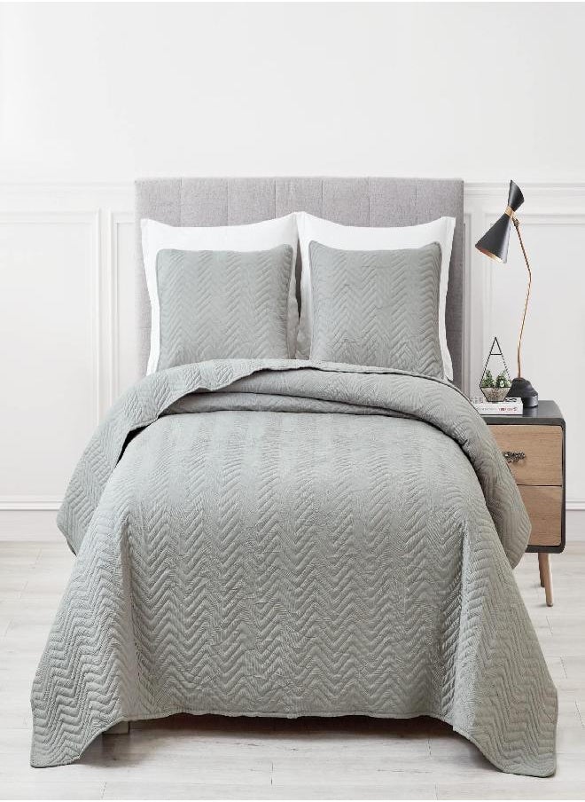 Chezmoi Collection Weaver 3-Piece King Size Quilt Set, Gray Crushed Soft Microfiber Lightweight Bedspread Zig Zag Chevron Quilted Reversible Coverlet All Season Crinkle Textured Bedding Set
