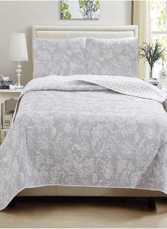 Great Bay Home 3-Piece King Reversible Lightweight Quilt Comforter with 2 Shams | All-Season, Microfiber, Floral Bedspreads | Modern Grey Flower Coverlet Sets | Emma Quilts Collection