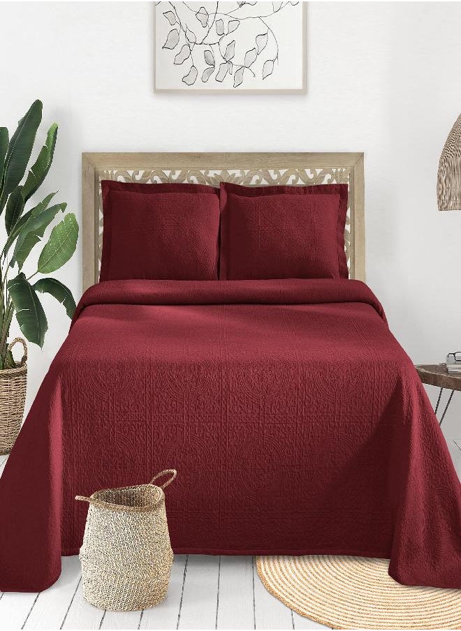 SUPERIOR Jacquard Matelasse Fleur De Lis 100% Cotton Medallion 3-Piece Bedspread Set - Queen, Garnet