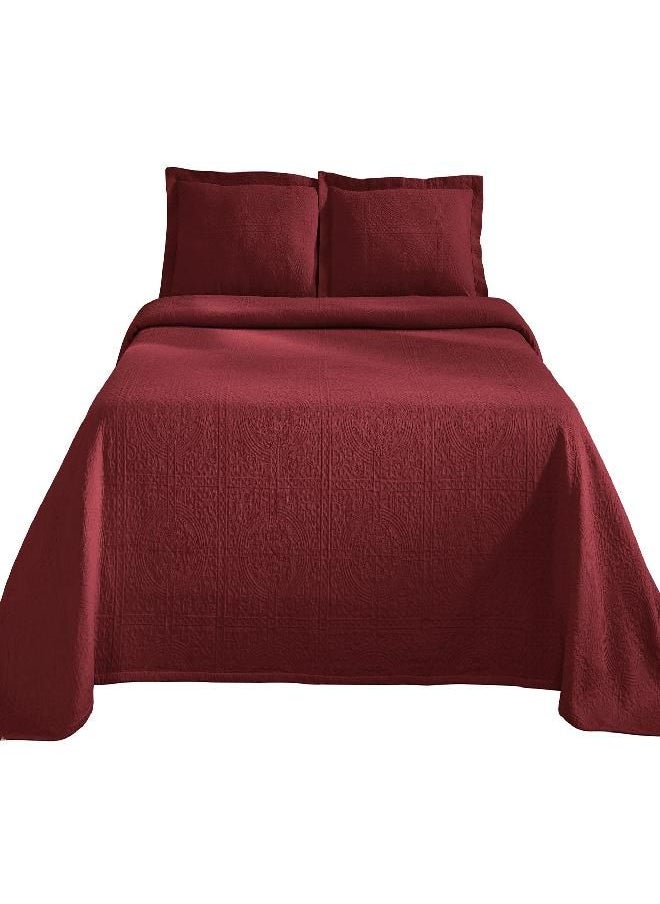 SUPERIOR Jacquard Matelasse Fleur De Lis 100% Cotton Medallion 3-Piece Bedspread Set - Queen, Garnet