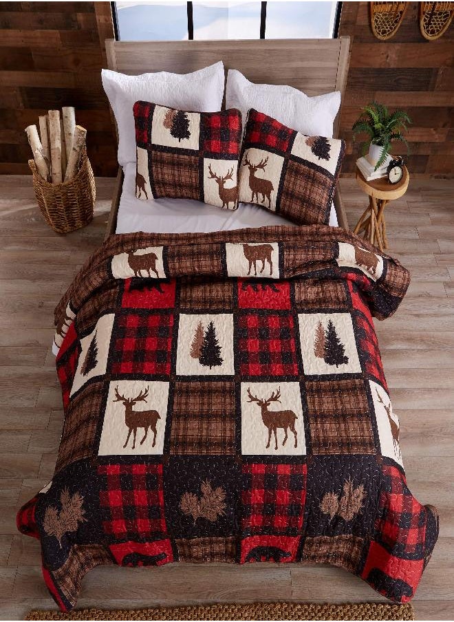 Great Bay Home Lodge Bedspread Twin Size Quilt with 1 Sham. Cabin 2-Piece Reversible All Season Quilt Set. Rustic Quilt Coverlet Bed Set. Stonehurst Collection. (Red/Black)