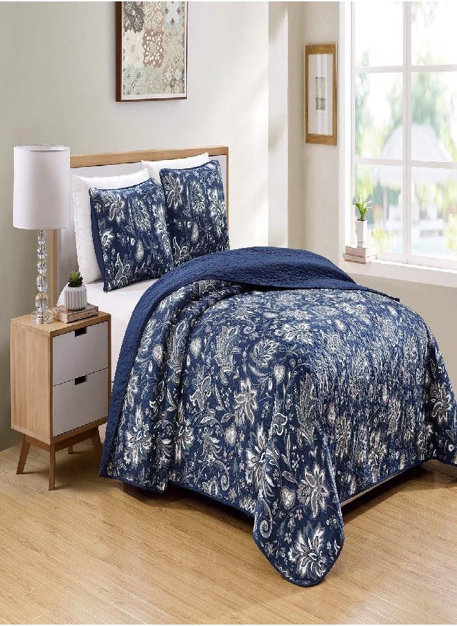 Luxury Home Collection 2 Piece Twin/TwinXL Quilted Reversible Coverlet Bedspread Set Floral Printed Navy Blue White Gray