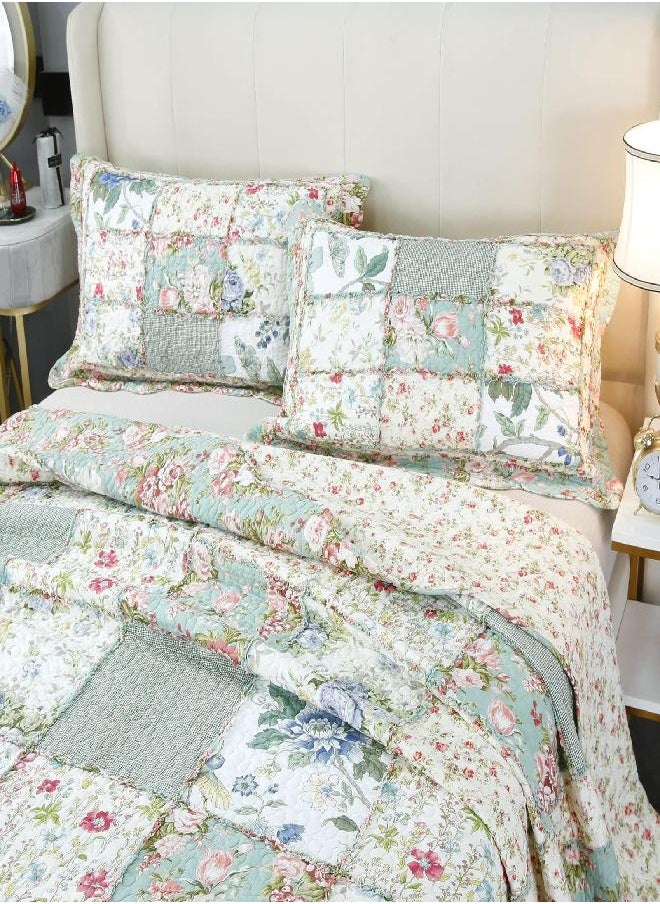 Brandream Queen Size Green Floral Patchwork Quilts Cotton Country Comforter Quilted Bedspread Coverlet Set Lightweight