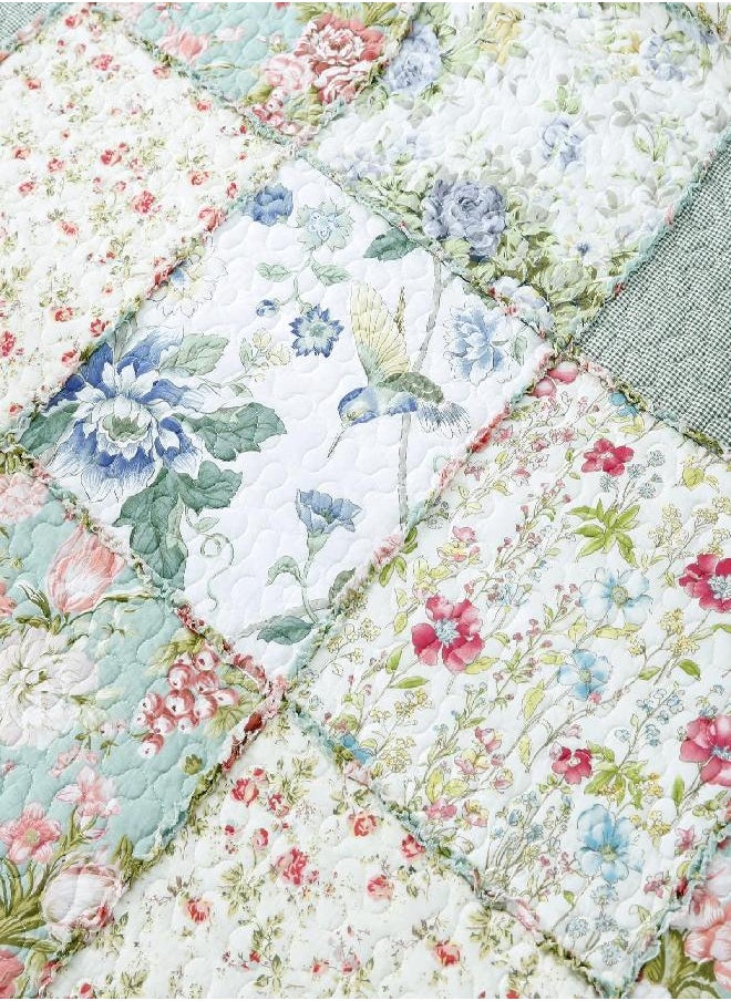 Brandream Queen Size Green Floral Patchwork Quilts Cotton Country Comforter Quilted Bedspread Coverlet Set Lightweight