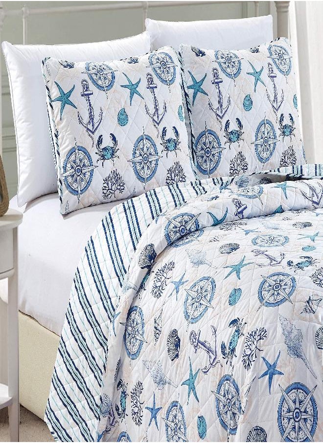 Great Bay Home 3-Piece Full/Queen Reversible Lightweight Coastal Quilt Comforter with 2 Shams | All-Season, Beach Bedspreads | Nautical Blue Coverlet Sets | Seaside Quilts Collection