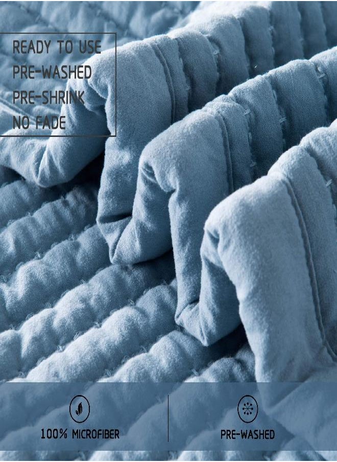 KASENTEX Quilt Mini Set-Stone Washed-Super Soft Bedspread-Light Weight-White Down Alternative Microfiber Fill-Machine Washable-Solid Colors, 2 King Shams, Blue, King + 2 King