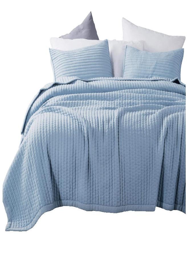 KASENTEX Quilt Mini Set-Stone Washed-Super Soft Bedspread-Light Weight-White Down Alternative Microfiber Fill-Machine Washable-Solid Colors, 2 King Shams, Blue, King + 2 King