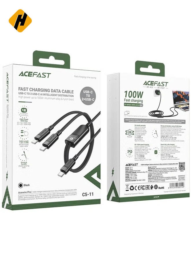 Acewire Pro C5-11 2-in-1 USB Type-C to USB Type-C Data Charger Cable - Super Fast Charging with Power Delivery & Ai Intelligent Distribution