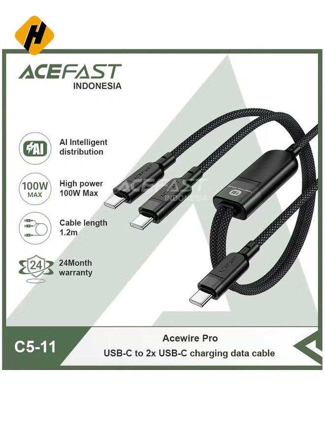 Acewire Pro C5-11 2-in-1 USB Type-C to USB Type-C Data Charger Cable - Super Fast Charging with Power Delivery & Ai Intelligent Distribution