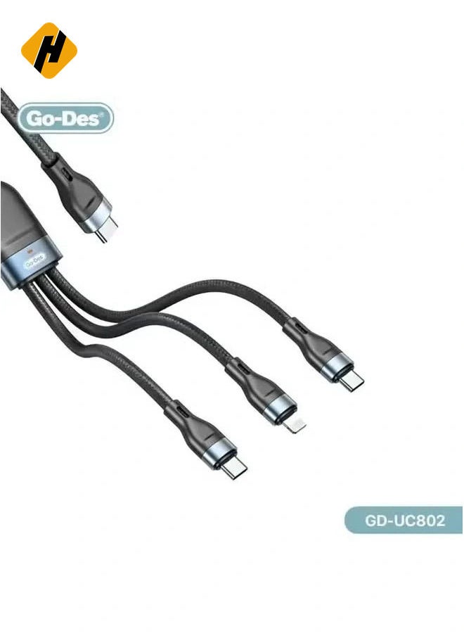 GD-UC802 3-in-1 PD Multiport Cable – Type-C to 2 Type-C and 1 Lightning Connector