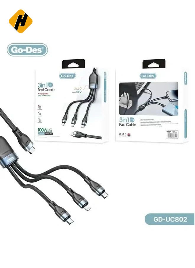 GD-UC802 3-in-1 PD Multiport Cable – Type-C to 2 Type-C and 1 Lightning Connector