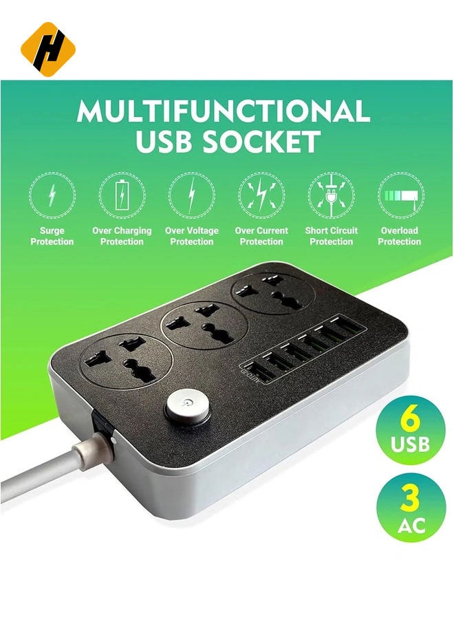 Power Strips Extension Cord with 3 Outlets and 6 USB Ports - 2M Bold Extension Cord