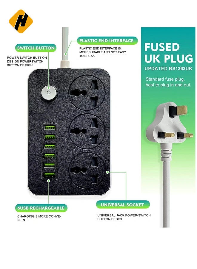 Power Strips Extension Cord with 3 Outlets and 6 USB Ports - 2M Bold Extension Cord