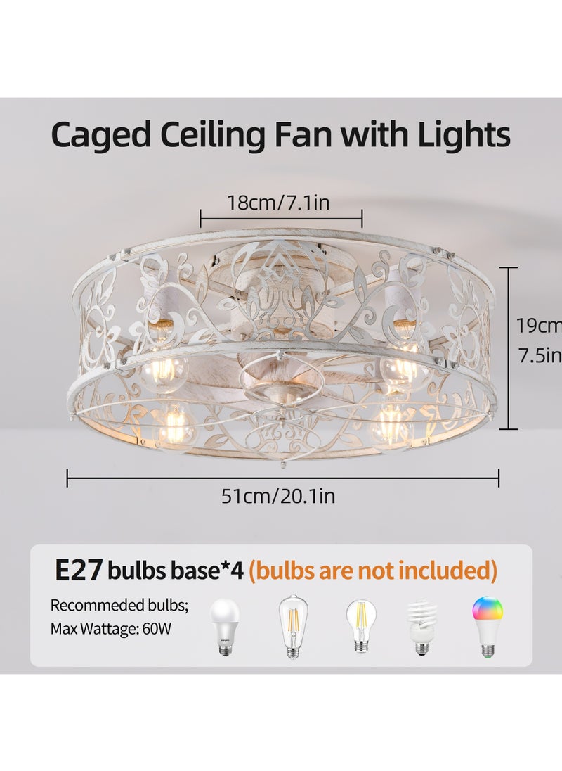 Caged Ceiling Fan with Light,51cm Flush Mount Ceiling Fan with Remote,Bladeless Fandelier Ceiling Fans with Lights,Small Low Profile Ceiling Fan for Bedroom,Kitchen,Dining Room,White Gold Color