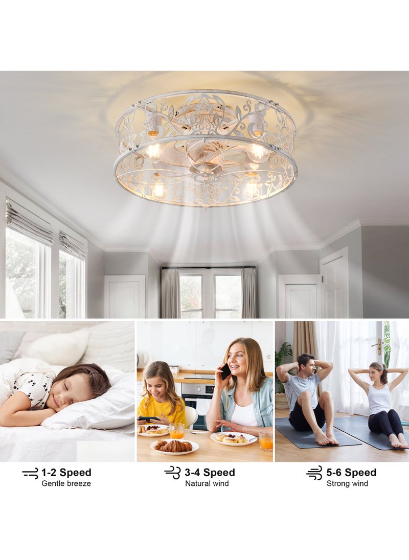 Caged Ceiling Fan with Light,51cm Flush Mount Ceiling Fan with Remote,Bladeless Fandelier Ceiling Fans with Lights,Small Low Profile Ceiling Fan for Bedroom,Kitchen,Dining Room,White Gold Color