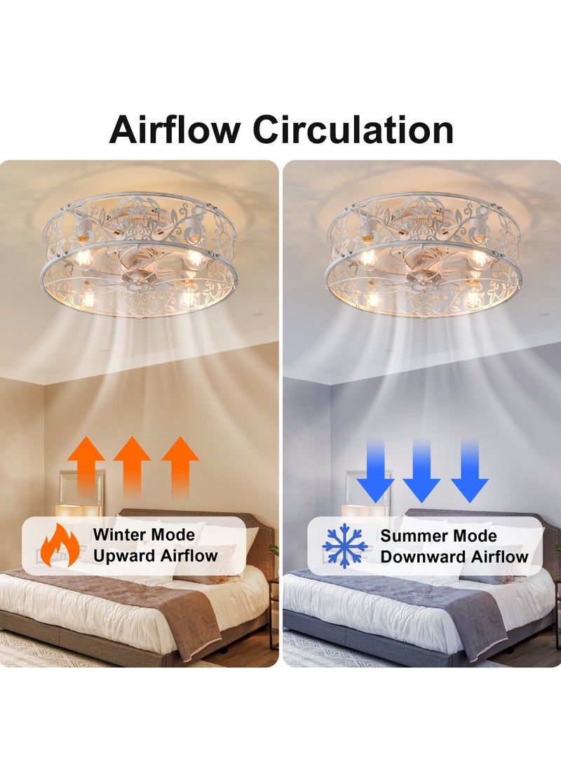 Caged Ceiling Fan with Light,51cm Flush Mount Ceiling Fan with Remote,Bladeless Fandelier Ceiling Fans with Lights,Small Low Profile Ceiling Fan for Bedroom,Kitchen,Dining Room,White Gold Color