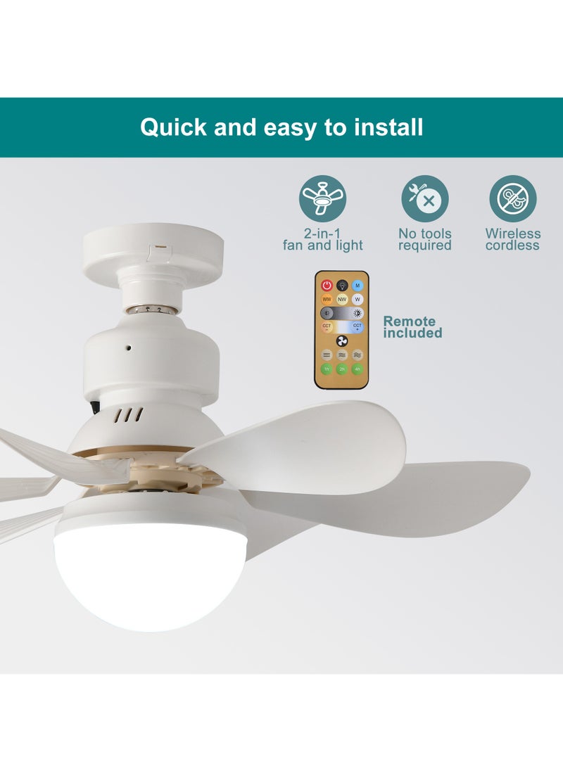 42cm Socket Fan Light Small Ceiling Fan with Light and Remote,Screw in Ceiling Fan Light for E27 Base,Easy to Install Dimmable LED for Bedroom Kitchen and Small Rooms,Timer,6 White Blades