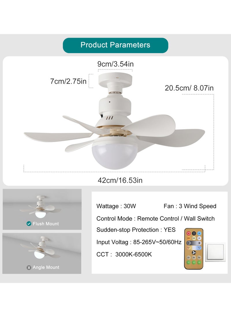 42cm Socket Fan Light Small Ceiling Fan with Light and Remote,Screw in Ceiling Fan Light for E27 Base,Easy to Install Dimmable LED for Bedroom Kitchen and Small Rooms,Timer,6 White Blades