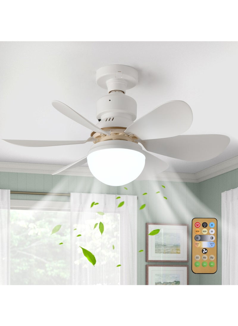 42cm Socket Fan Light Small Ceiling Fan with Light and Remote,Screw in Ceiling Fan Light for E27 Base,Easy to Install Dimmable LED for Bedroom Kitchen and Small Rooms,Timer,6 White Blades