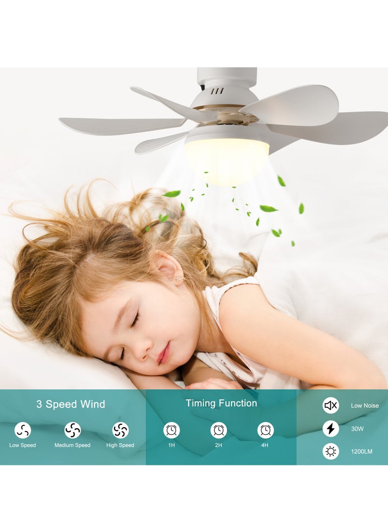 42cm Socket Fan Light Small Ceiling Fan with Light and Remote,Screw in Ceiling Fan Light for E27 Base,Easy to Install Dimmable LED for Bedroom Kitchen and Small Rooms,Timer,6 White Blades