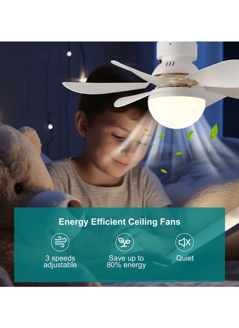 42cm Socket Fan Light Small Ceiling Fan with Light and Remote,Screw in Ceiling Fan Light for E27 Base,Easy to Install Dimmable LED for Bedroom Kitchen and Small Rooms,Timer,6 White Blades