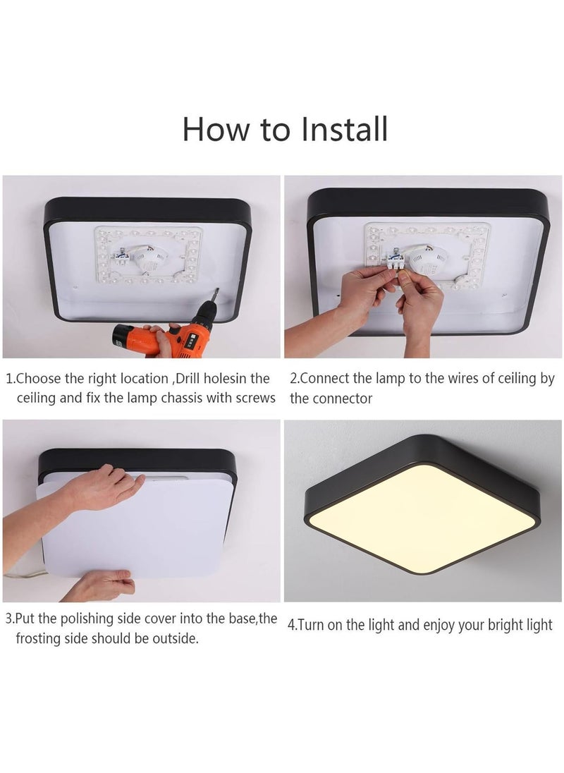 Flush Mount 36W LED Ceiling Light Fixture, 3000K Warm Light Black Square LED Ceiling Lamp, 2160LM Slim Flat Panel Modern Ceiling Lights for Kitchen Hallway Corridor Porch, 15.7 Inch