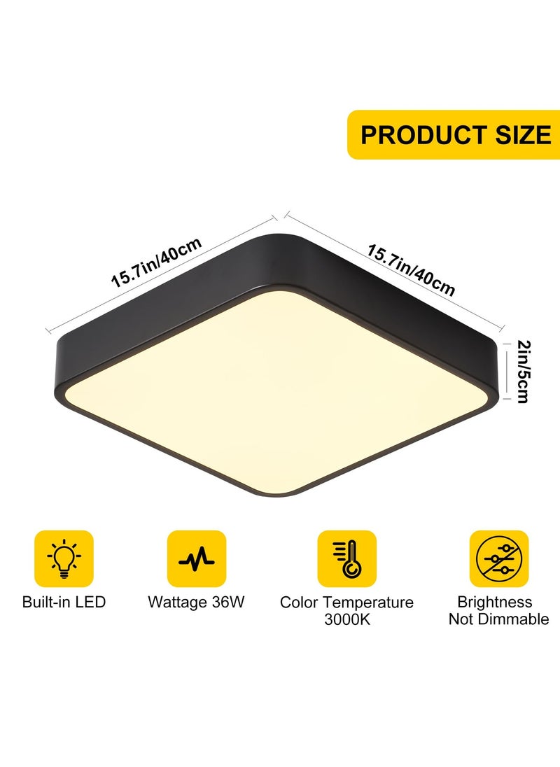 Flush Mount 36W LED Ceiling Light Fixture, 3000K Warm Light Black Square LED Ceiling Lamp, 2160LM Slim Flat Panel Modern Ceiling Lights for Kitchen Hallway Corridor Porch, 15.7 Inch