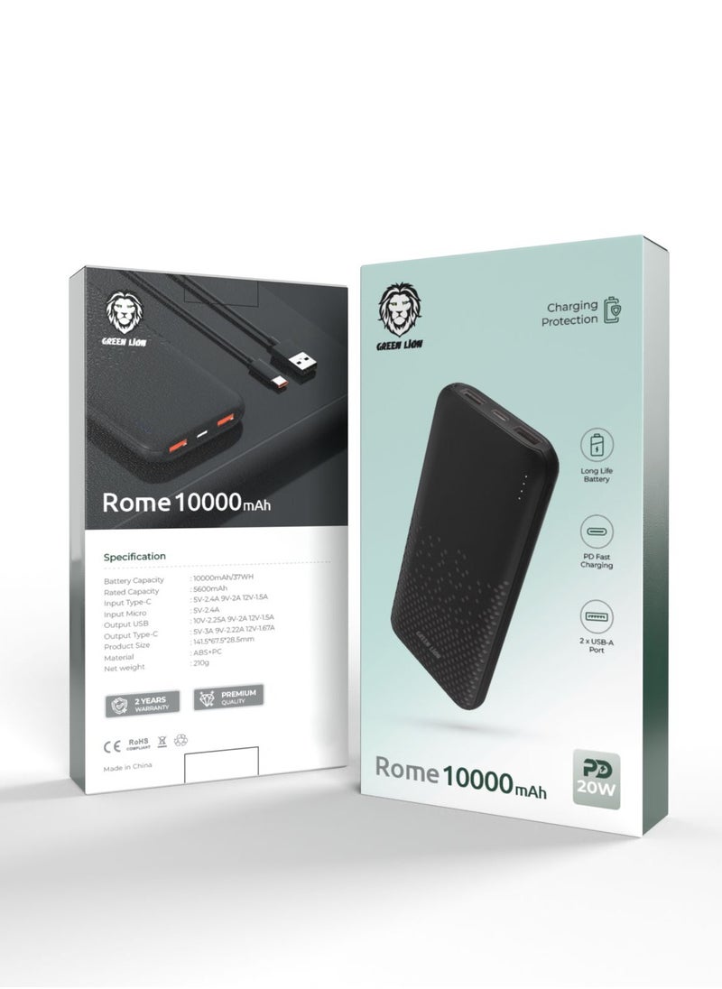 Rome 10000mAh Power Bank 20W PD Multiple Output Ports - Black