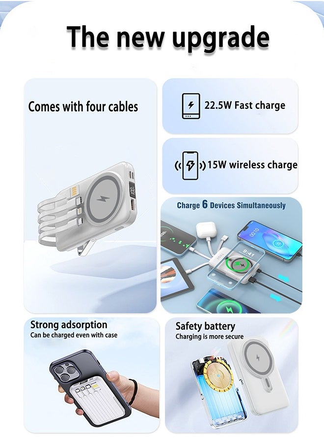 Wireless Portable Charger 10000mAh, Magnetic Power Bank with Built-in Cables LED Display,Magsafe Battery Pack with Stand 22.5W PD Fast Charging for iPhone, Samsung, iPad, Apple Watch Series. (White) ﻿