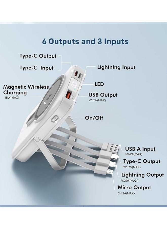 Wireless Portable Charger 10000mAh, Magnetic Power Bank with Built-in Cables LED Display,Magsafe Battery Pack with Stand 22.5W PD Fast Charging for iPhone, Samsung, iPad, Apple Watch Series. (White) ﻿