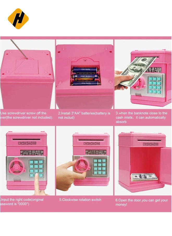 Adevena Electronic Piggy Bank Mini ATM with Password Protection, Cartoon Design for Kids (Pink)