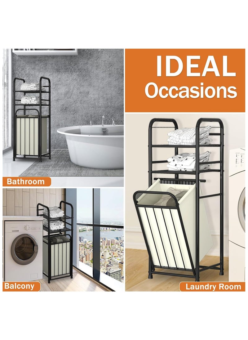 Storage Rack With Tilting Dirty Clothes Basket,With Removable Liner Bag,Multi Layer Rack Bathroom Laundry Room Clothing Storage (H-Laundry Hamper)