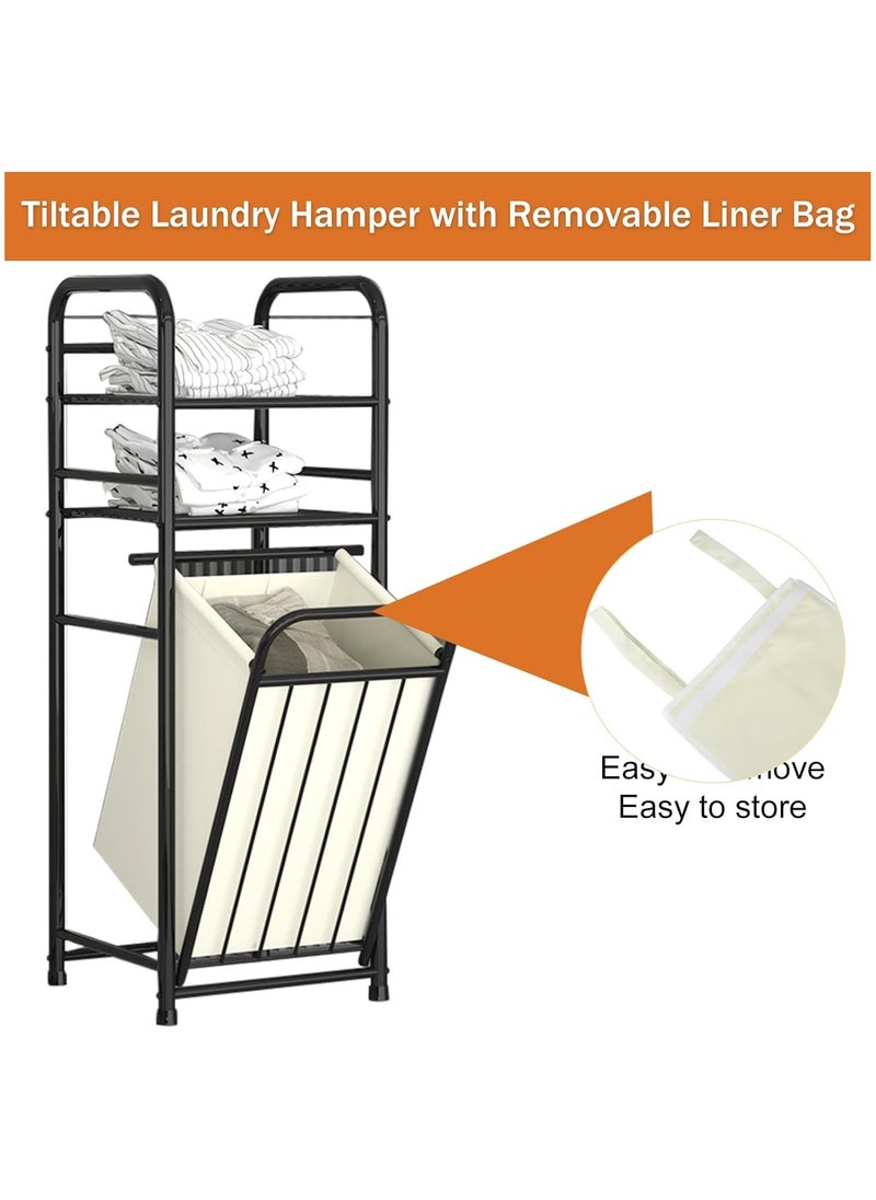 Storage Rack With Tilting Dirty Clothes Basket,With Removable Liner Bag,Multi Layer Rack Bathroom Laundry Room Clothing Storage (H-Laundry Hamper)