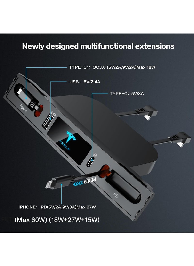 Car USB Charger Multi Port for 2021 2022 2023 Tesla Model 3/Y,Multifunctional Accessories with Logo and Retractable Cable,Tesla hub 100% Fit Center Console Adapter,Gifts Owners, black (T10)