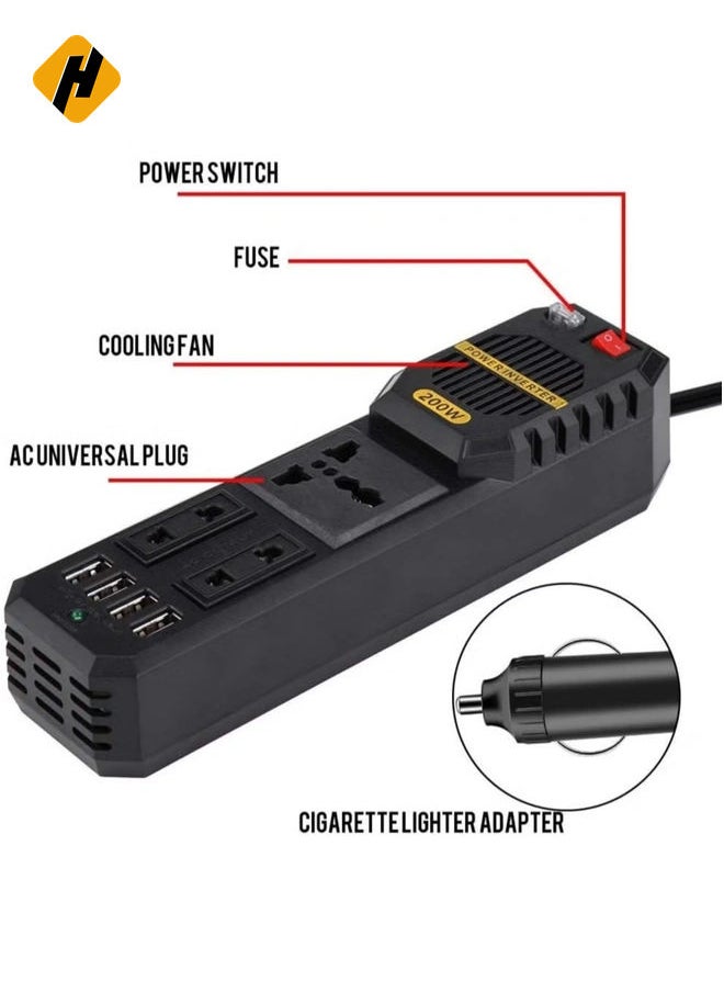 200W Power Inverter, DC 12V to AC 220V Car Power Inverter with 4 USB Ports Multi-Protection Car Charger Adapter