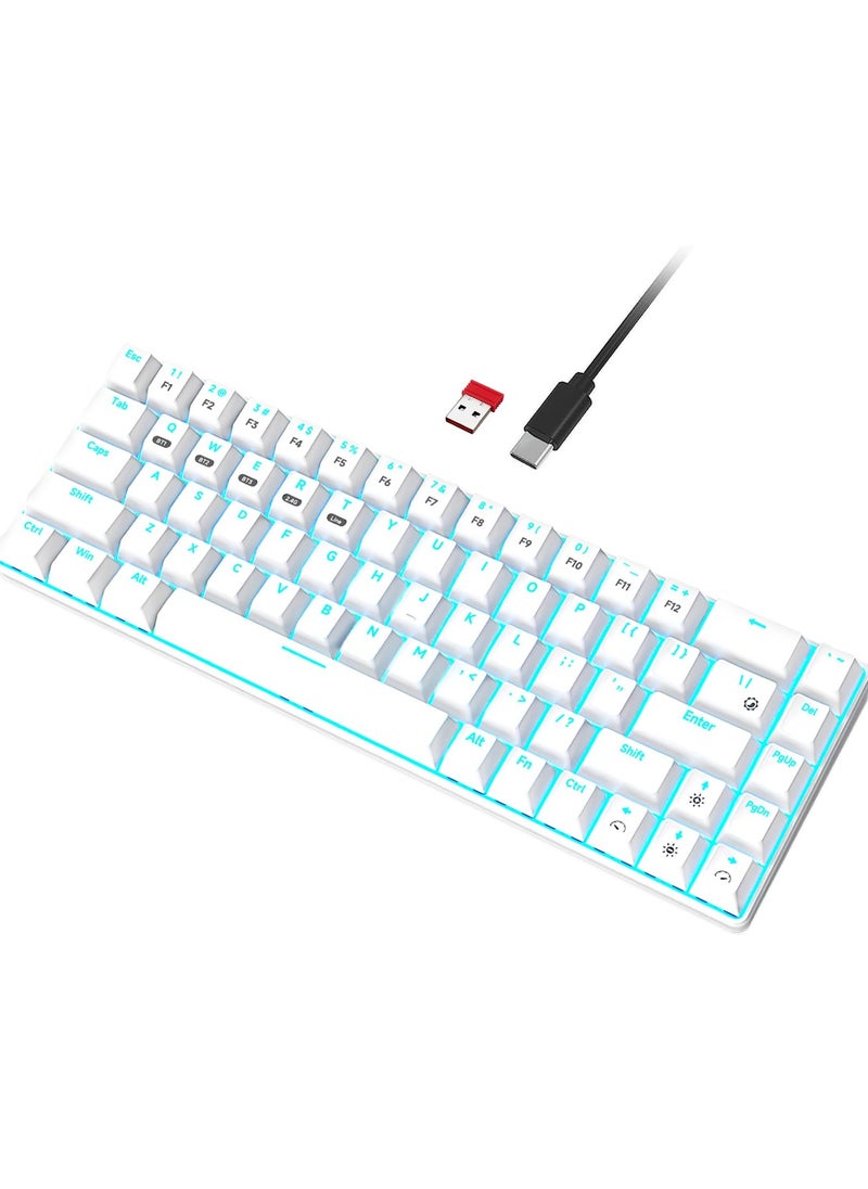 INFOSUN 65% Wireless Mechanical Gaming Keyboard, Triple Mode BT5.0/2.4G/Type-C Blue LED Backlit Quick Response Waterproof 68 Keys Keyboard for Windows/MacOS/Android PC Gamers, Blue Switch/White