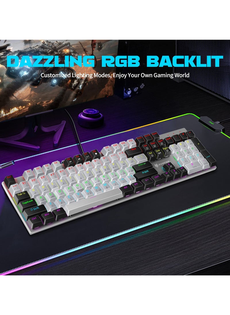 English Arabic Mechanical Gaming Keyboard with RGB LED Rainbow Backlit, 104 Keys Quick Response USB Interface E-sport Waterproof Wired Keyboard for Windows/MacOS/Android PC Gamers - Gray Black